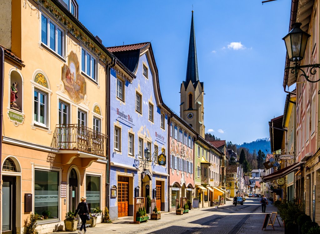 Garmisch-Partenkirchen, Germany - April 7: famous old town with historic buildings in Garmisch-Partenkirchen on April 7, 2020